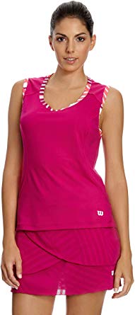 Model in Wilson Womens Tulip Tennis Tank in Fiesta Pink