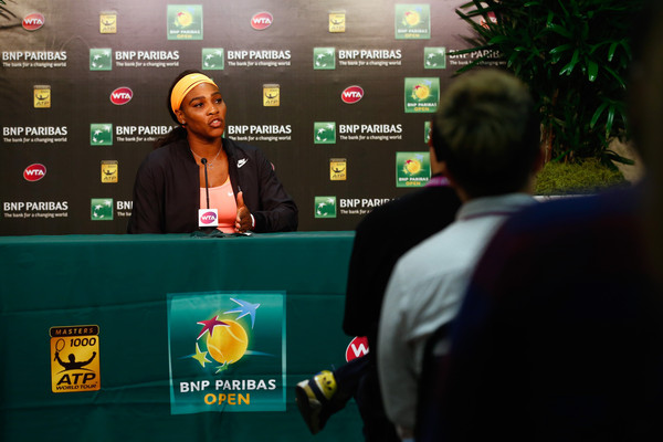 Serena Williams at a press conference on Day 12 at the BNP Paribas Open March 20, 2015 - Source: Julian Finney/Getty Images North America)