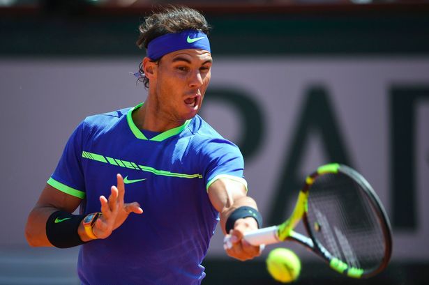 Rafael Nadal hitting at 2017 Roland Garros
